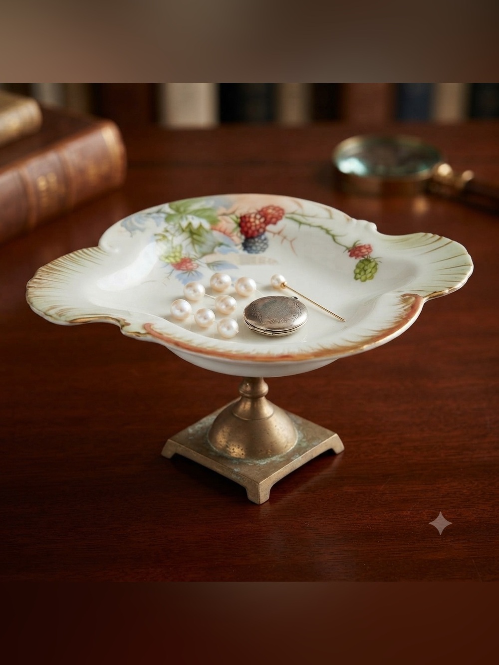 Recreated vintage hand-painted porcelain trinket or candy dish,w/brass pedestal